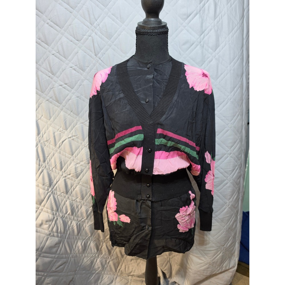 Brijo Silk 2 Piece Set Blouse and Cardigan Floral Striped Black Pink S M READ